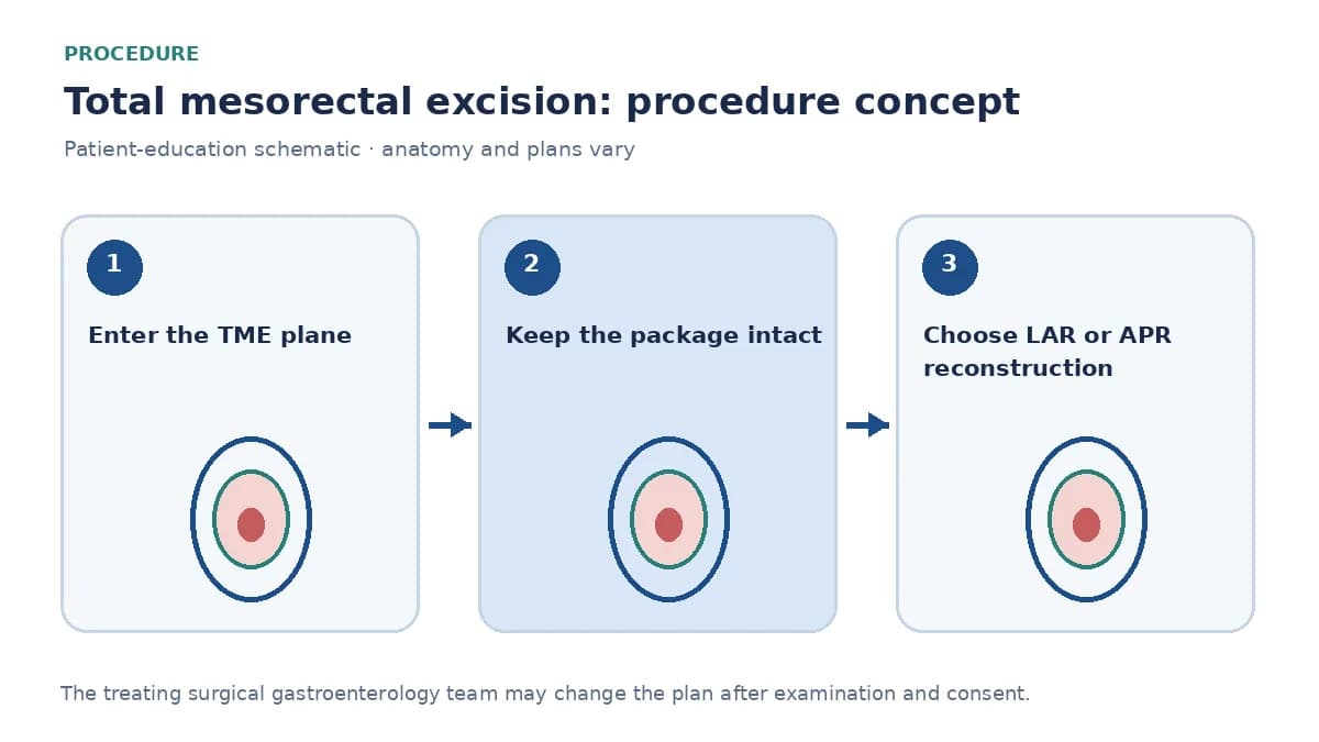 Clinical diagram of TME dissection around an intact mesorectal package before LAR or APR reconstruction