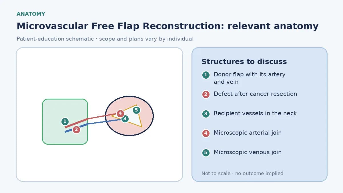 Medical illustration of microvascular free flap reconstruction: a donor flap with its artery and vein, the defect after cancer resection, and the microscopic joins to recipient vessels in the neck.