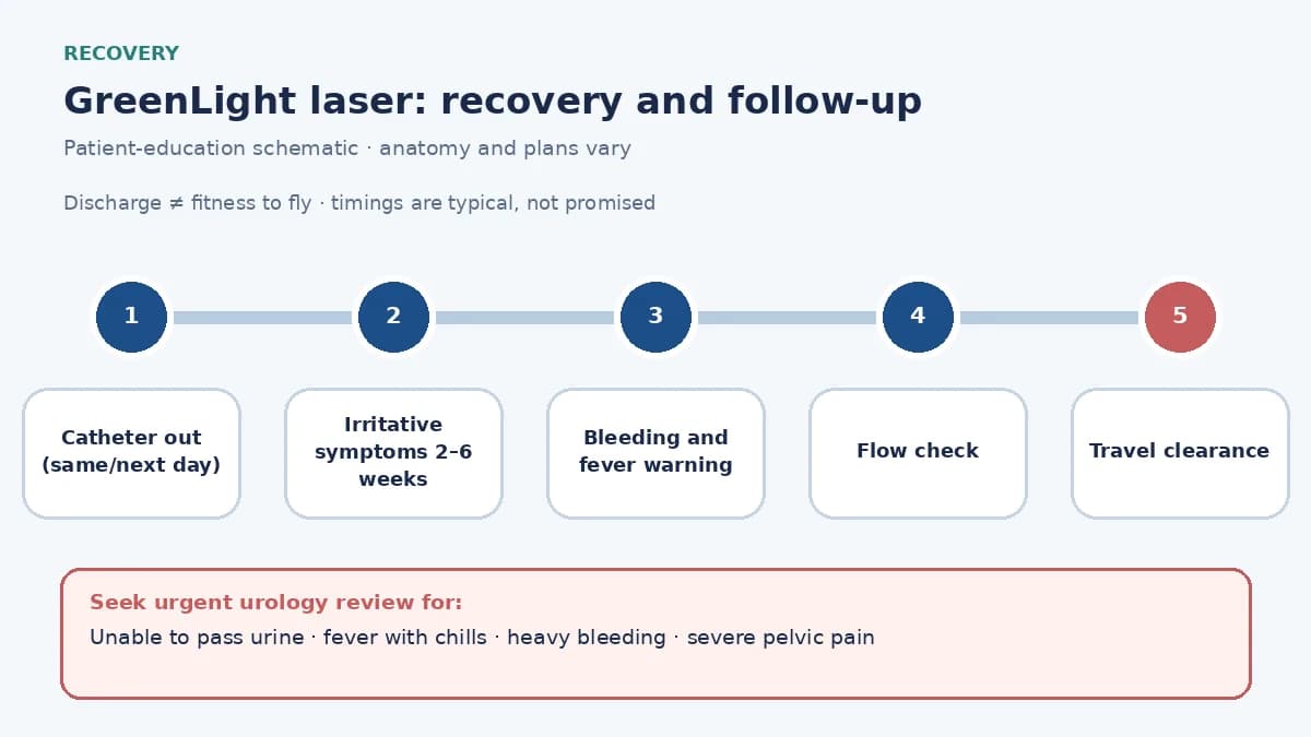 GreenLight laser recovery pathway infographic showing same- or next-day catheter removal, irritative symptom expectations for several weeks, bleeding and fever warnings and travel clearance