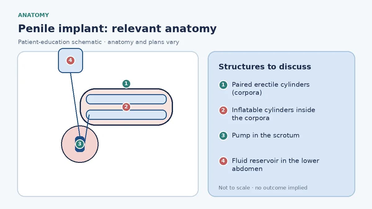Medical infographic of penile implant anatomy showing the paired erectile cylinders of the penis with inflatable cylinders inside them, a pump in the scrotum and a fluid reservoir in the lower abdomen, alongside a malleable rod alternative