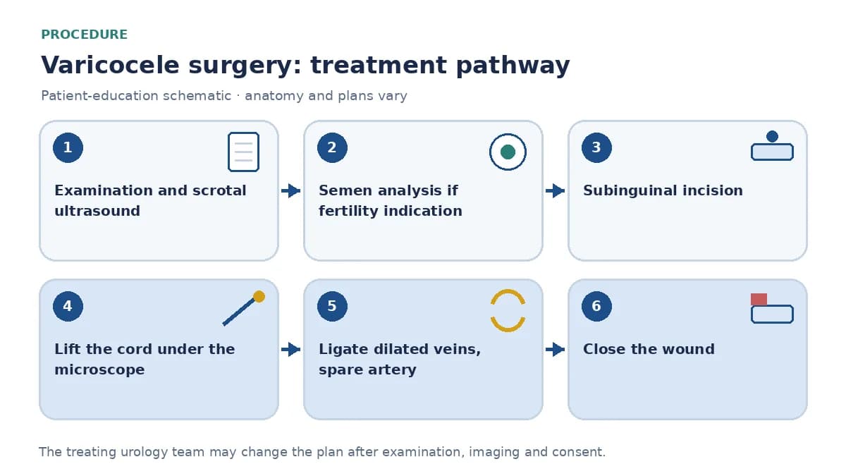 Step-by-step varicocele surgery pathway infographic showing examination and scrotal ultrasound, semen analysis, small subinguinal incision, microscope-guided ligation of dilated veins with artery and lymphatic preservation and wound closure