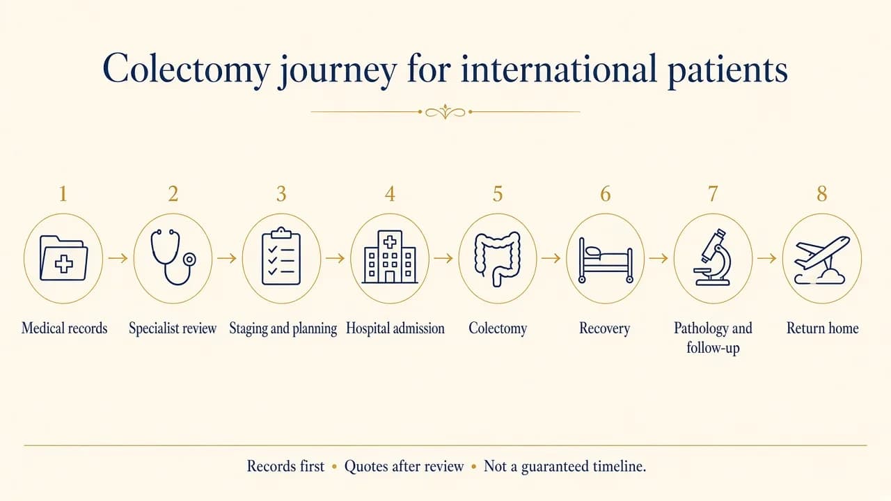 Illustration of the colectomy treatment journey for international patients travelling to India