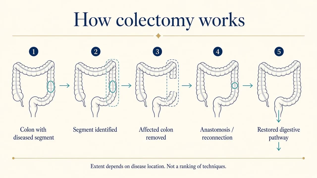 Medical illustration showing the main steps of colectomy from removal of diseased colon tissue to bowel reconstruction