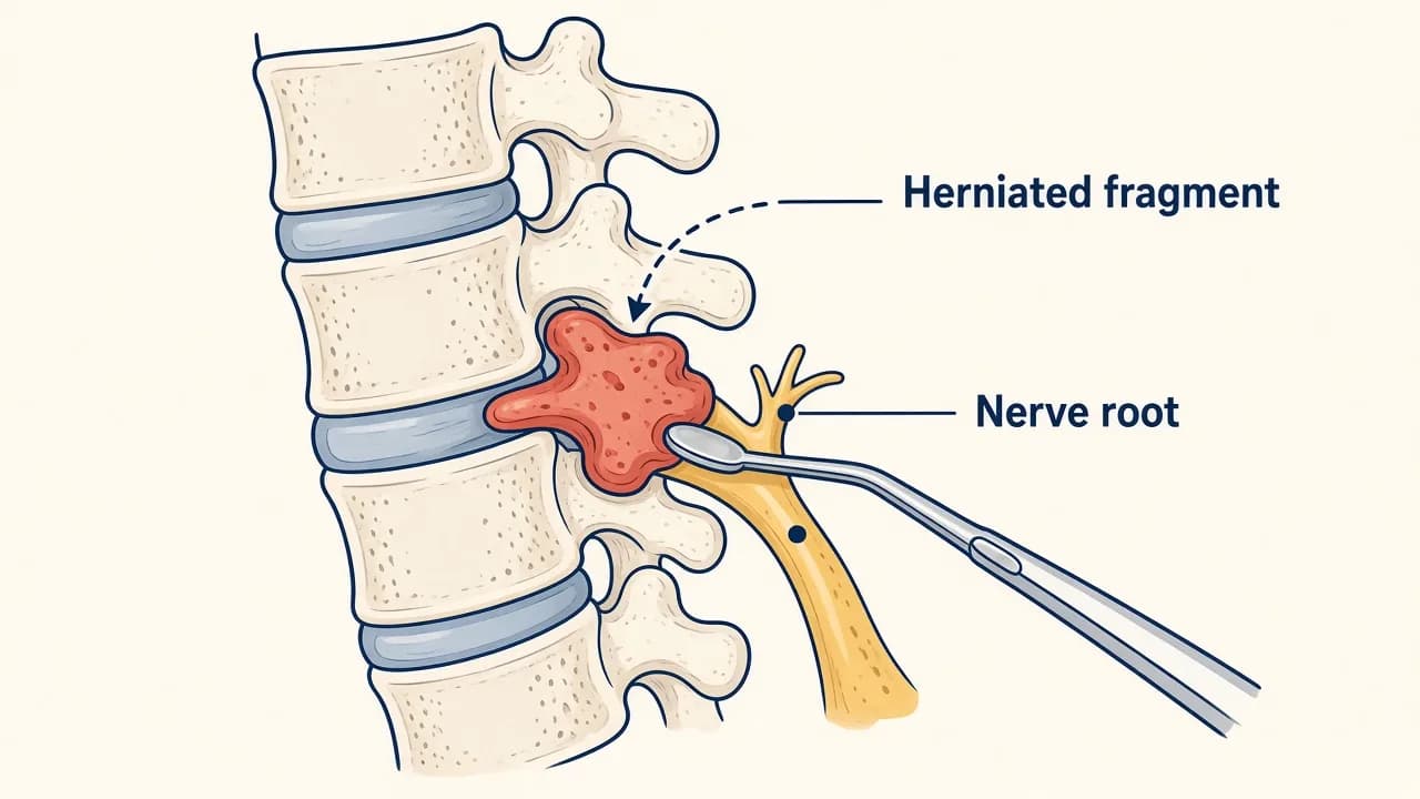 Illustration of a herniated disc fragment compressing a spinal nerve root before removal