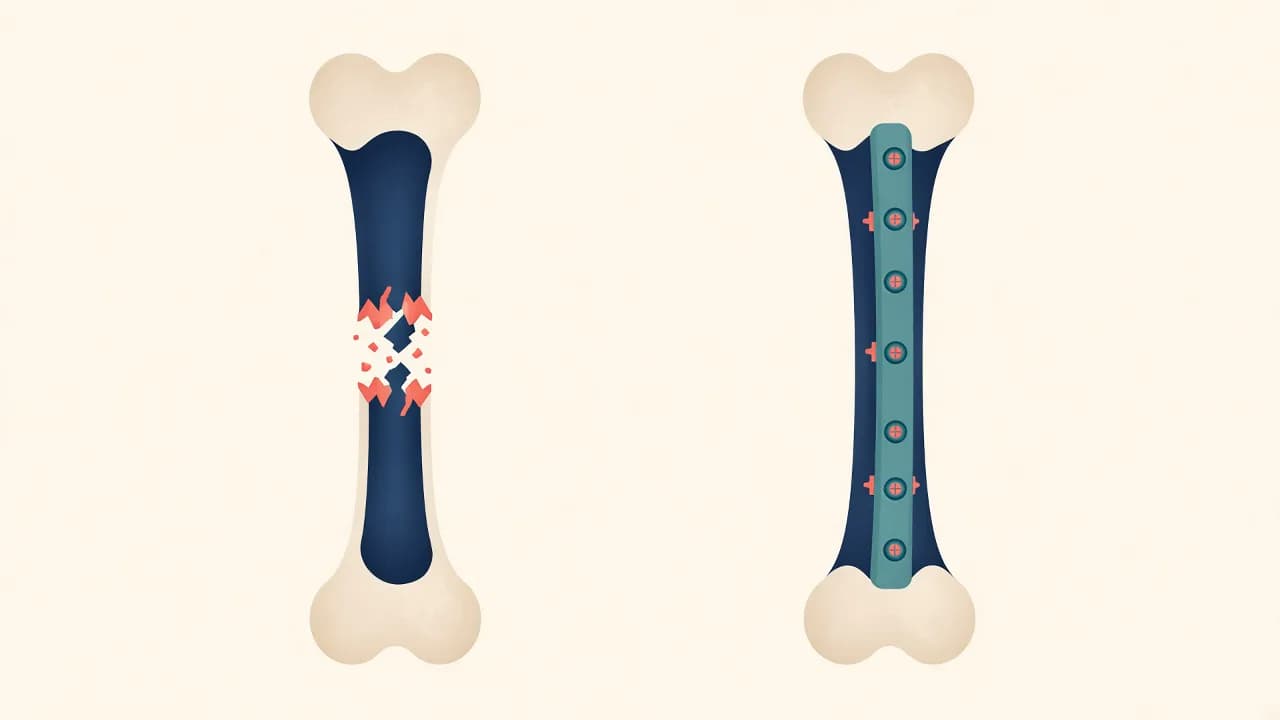 Illustration of a broken long bone and conceptual plate-and-screw fixation