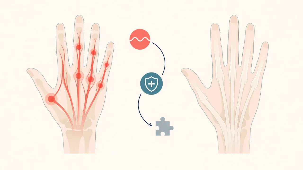 Illustration of an injured hand and a conceptual reconstruction of tendons or joints
