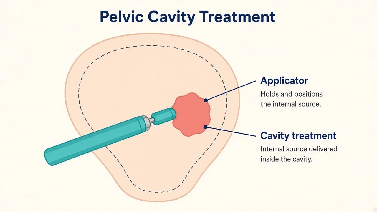 Illustration of a sealed radiation source seated in a body-cavity applicator beside a nearby target