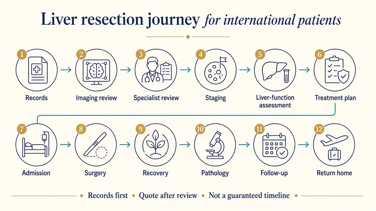 Illustration showing the liver resection treatment journey for international patients travelling to India