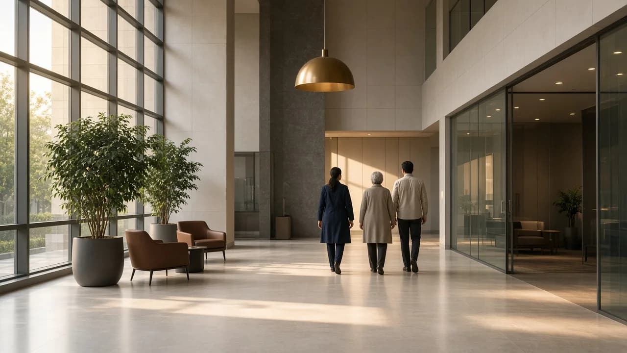 A patient and companion walking through a modern Indian hospital atrium with a coordinator, on the way to a breast surgery consultation.