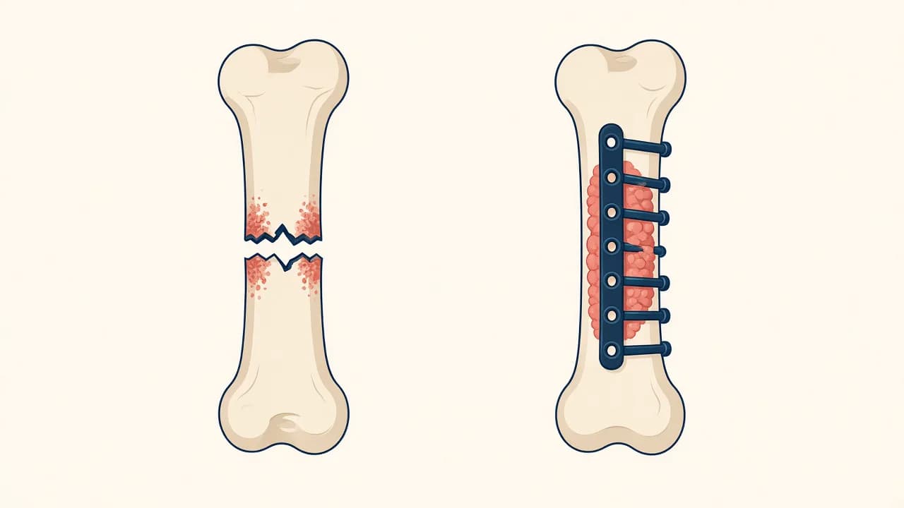 Illustration of a bone that failed to heal and conceptual repair with graft and revision hardware
