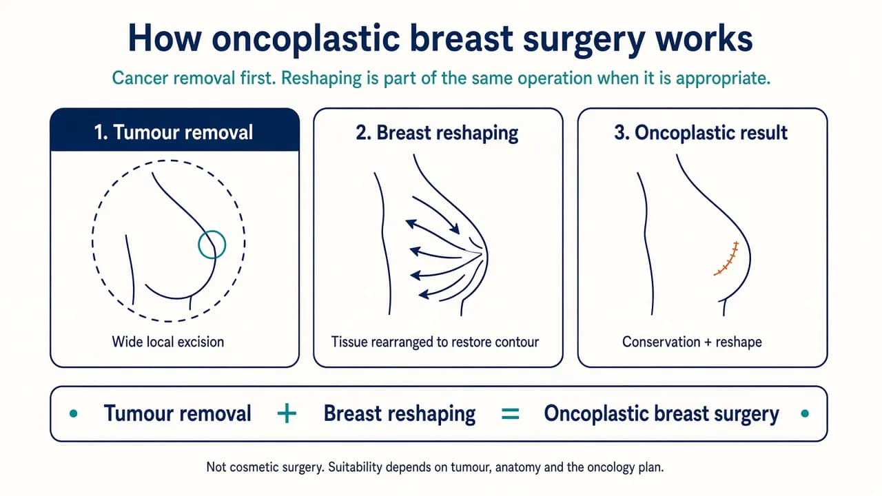 Illustration showing tumour removal and breast reshaping in oncoplastic breast surgery