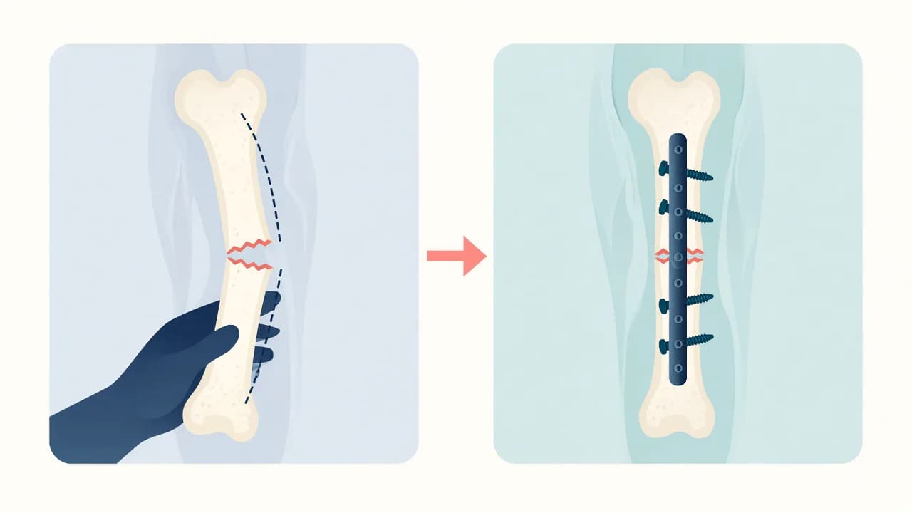 Illustration of a displaced fracture being aligned and held with internal plates and screws