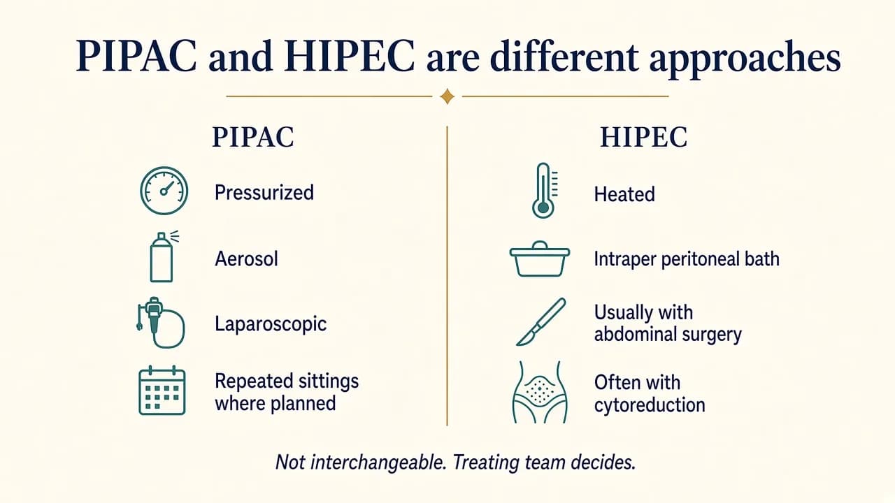 Illustration comparing PIPAC and HIPEC approaches for intraperitoneal chemotherapy