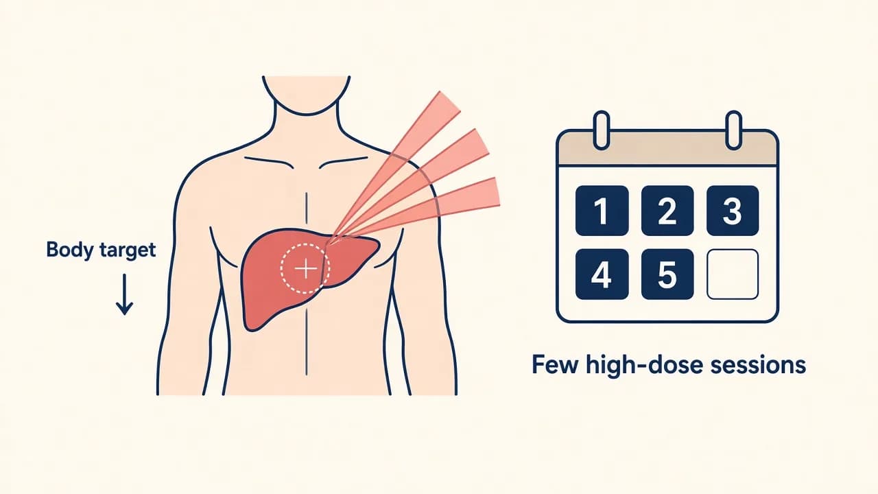 Illustration of tightly focused radiation aimed at a small body target over a few sessions