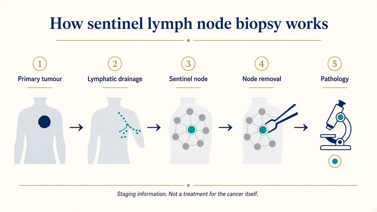 Illustration showing how sentinel lymph node biopsy identifies and removes sentinel lymph nodes for pathology