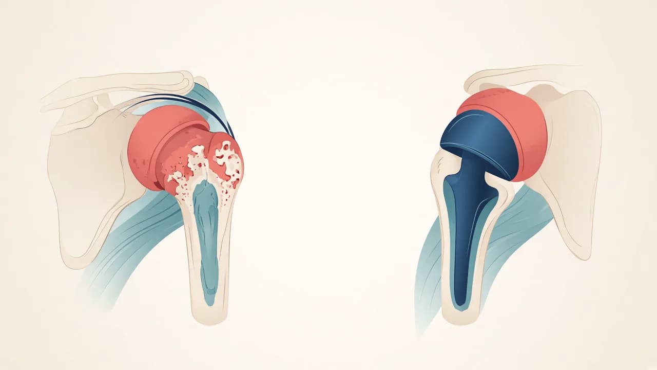 Illustration of a destroyed shoulder joint and the concept of anatomic or reverse replacement