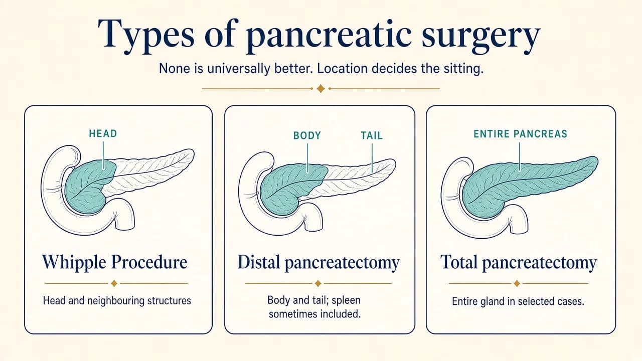 Illustration comparing the main types of pancreatic surgery including Whipple Procedure, distal pancreatectomy and total pancreatectomy