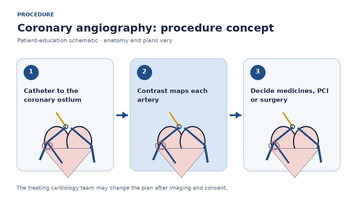 Clinical diagram of a catheter in the aortic root injecting contrast to outline coronary arteries during angiography