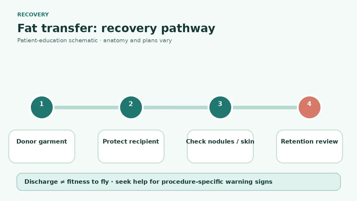Fat transfer recovery pathway showing donor garment care, recipient pressure precautions, swelling review and staged retention assessment