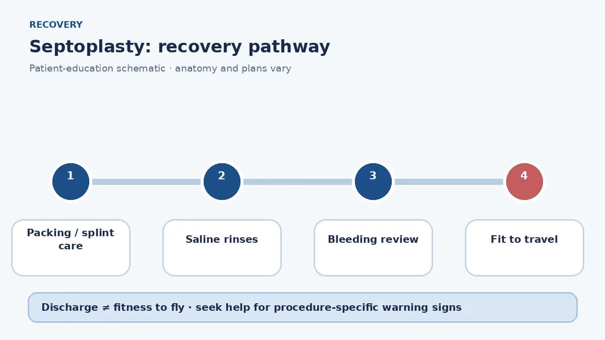 Septoplasty recovery pathway showing packing or splint care, saline rinses, bleeding watch and travel clearance