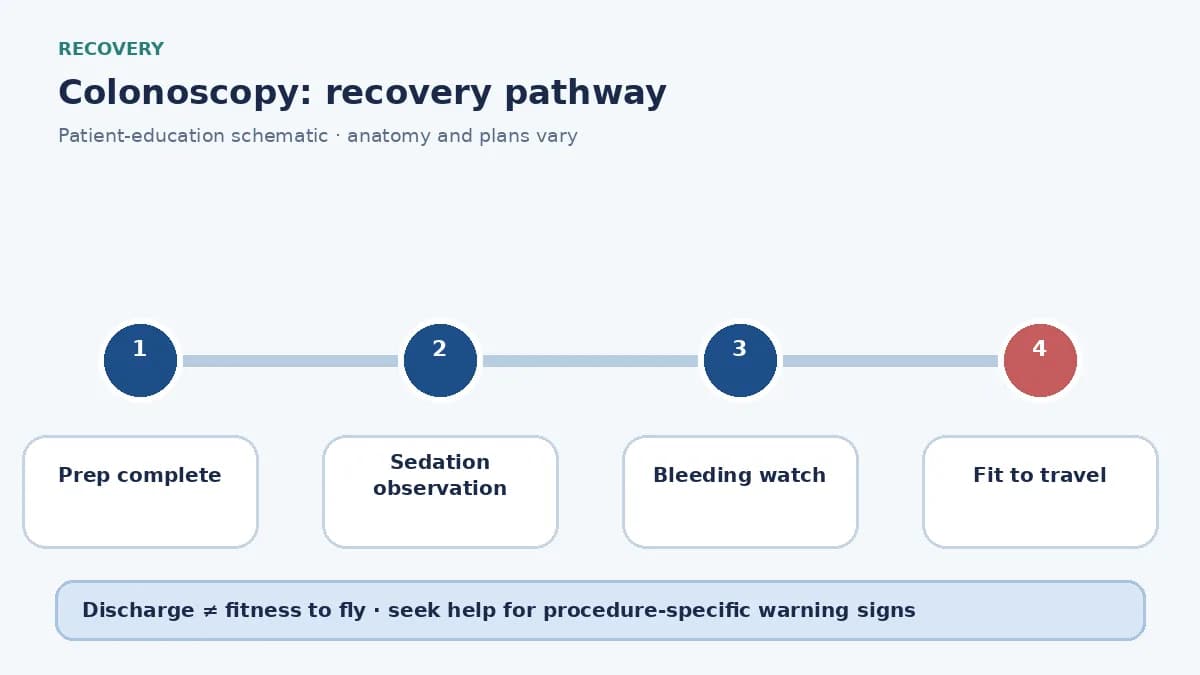 Colonoscopy recovery pathway showing bowel prep, sedation observation, bleeding watch and travel clearance
