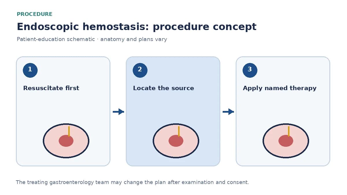 Clinical diagram of endoscopic clipping or thermal treatment of a bleeding point