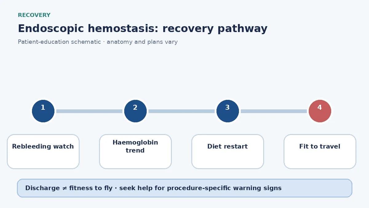 Hemostasis recovery pathway showing resuscitation, rebleeding watch and travel delay until stability