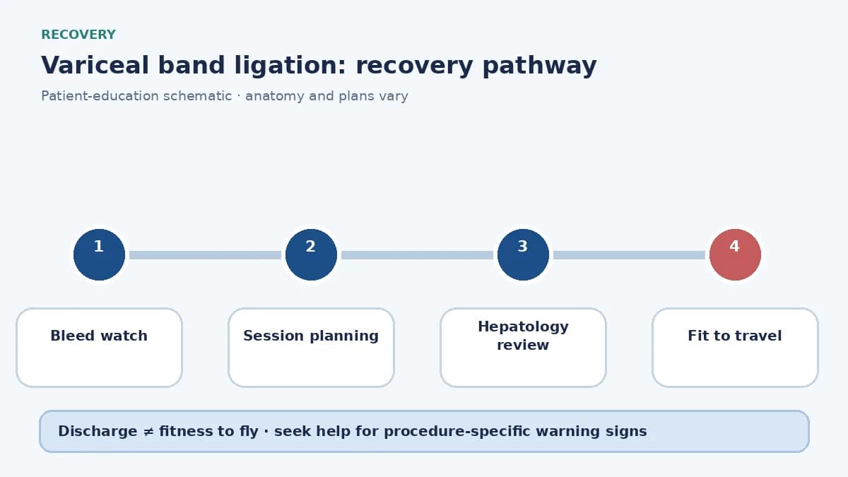 Variceal banding recovery pathway showing bleed watch, session planning and hepatology follow-up