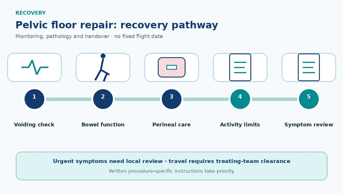 Pelvic floor repair recovery pathway showing voiding and defecatory monitoring, perineal care, activity limits, symptom review and follow-up