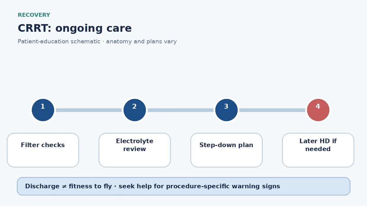 CRRT recovery pathway showing step-down planning, laboratory checks and later intermittent dialysis discussion