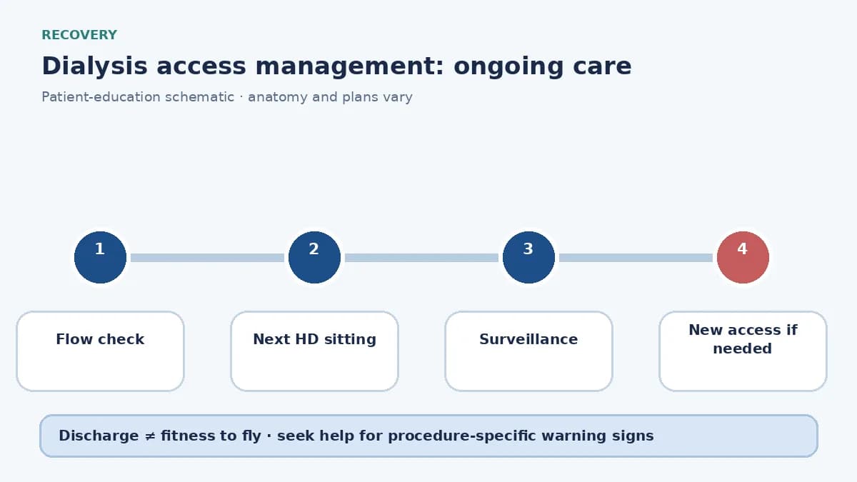Access-management recovery pathway showing flow checks, next hemodialysis sitting and surveillance planning