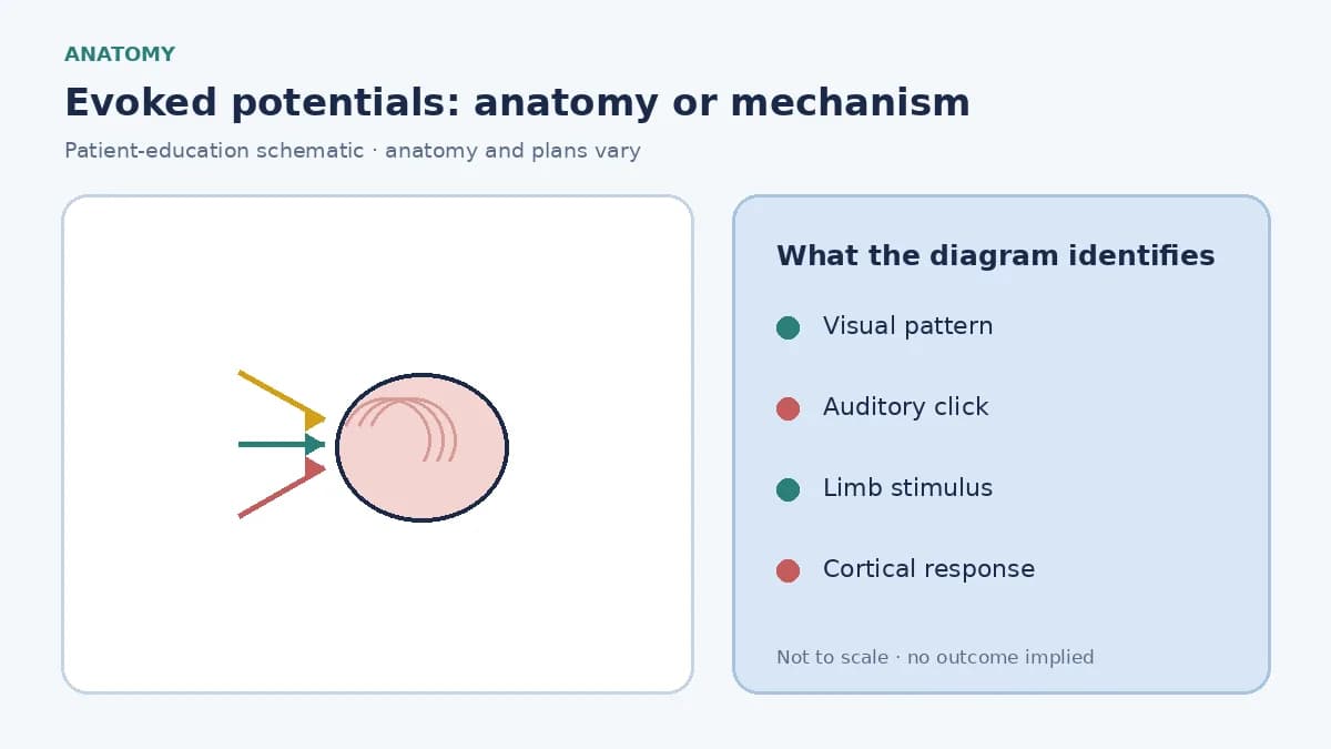 Patient-education diagram showing visual auditory and somatosensory stimuli producing measured nervous-system responses