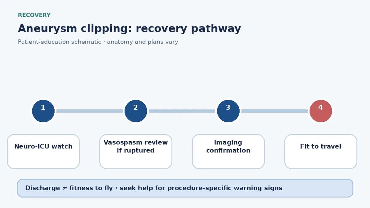 Aneurysm-clipping recovery pathway showing neuro-ICU vasospasm watch, imaging confirmation and travel clearance