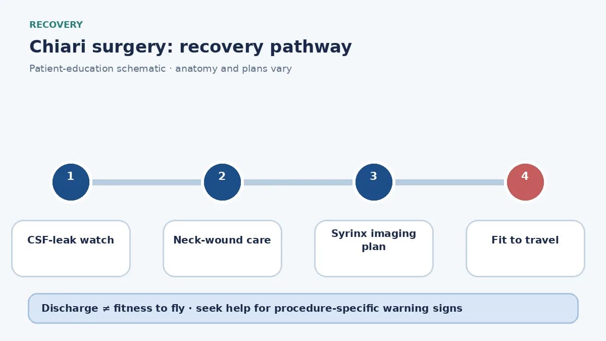 Chiari-surgery recovery pathway showing CSF-leak watch, neck-wound care and syrinx imaging follow-up