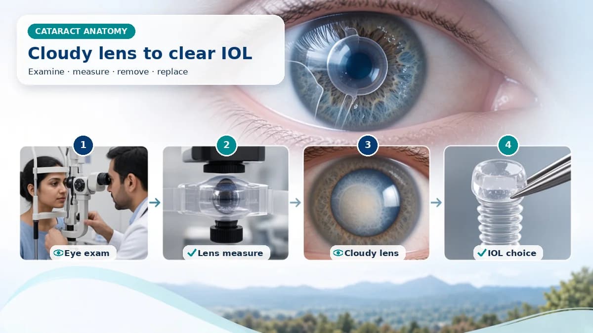 Realistic cataract education infographic showing a cloudy natural lens, clear intraocular lens implant and four clinical scenes for examination, measurement, cataract anatomy and IOL selection