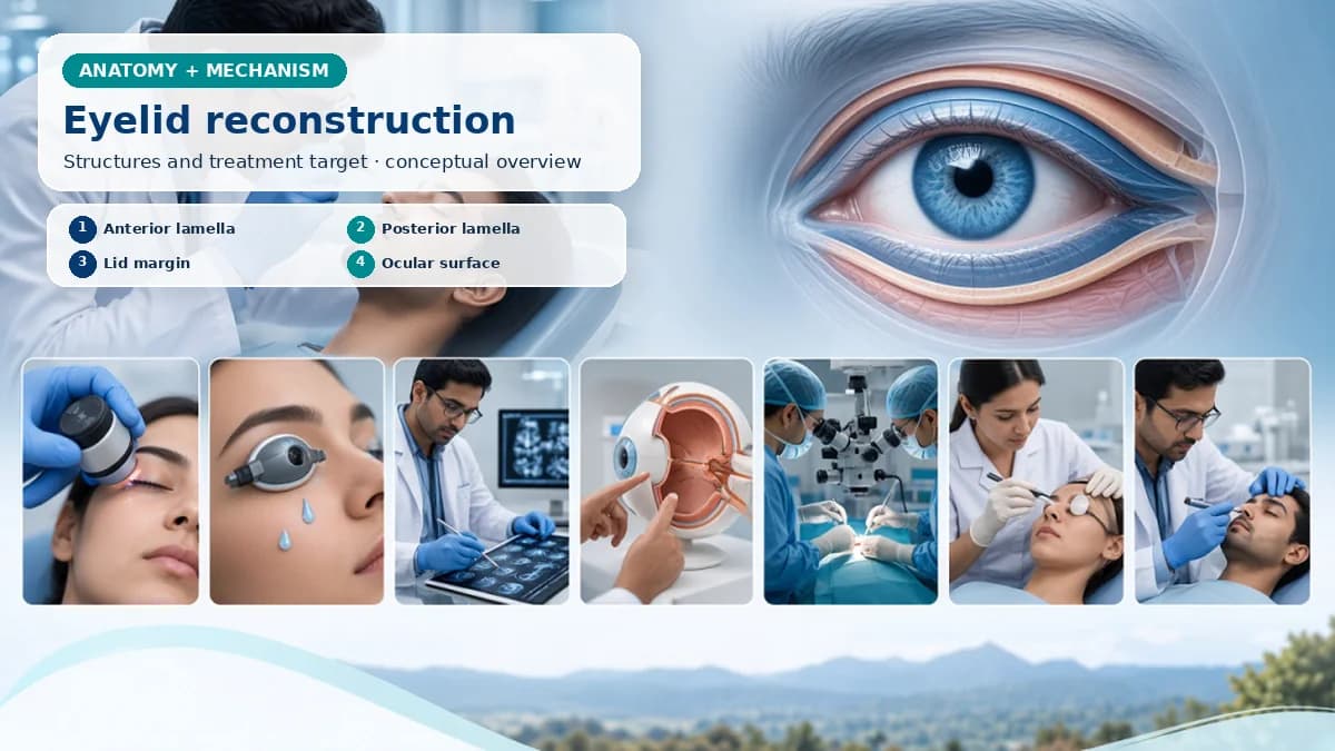 Realistic Eyelid Reconstruction Surgery anatomy and mechanism composition showing Eyelid reconstruction restores anterior and posterior lamellae, lid margin, canthal support and closure needed to protect the cornea. with procedure-specific clinical examination scenes
