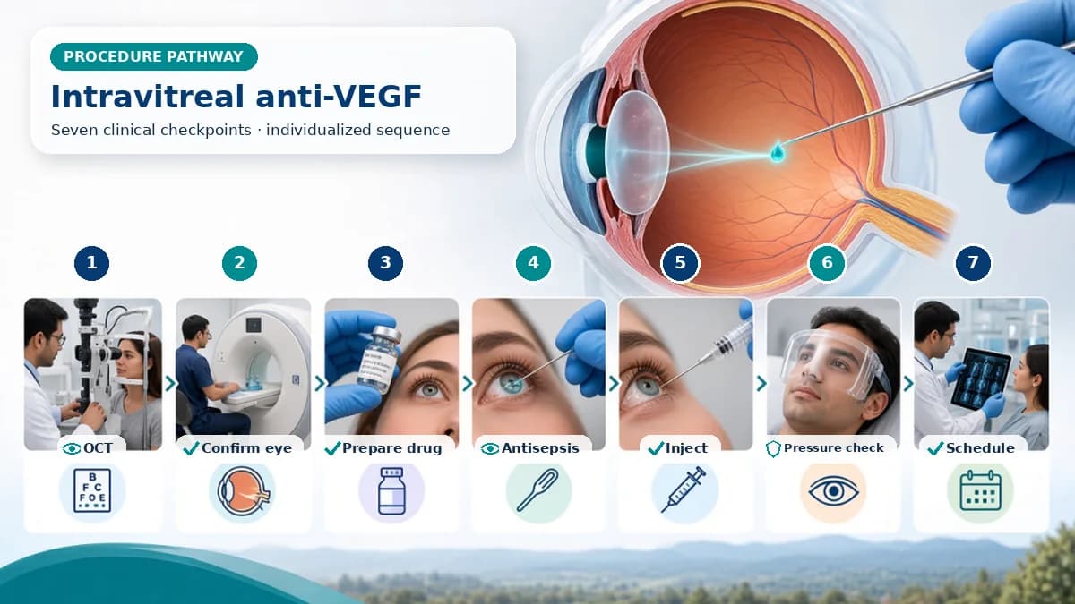 Realistic numbered Intravitreal Anti-VEGF Injection pathway showing assessment, preparation, The named eye and drug are verified, antiseptic prepares lids and ocular surface, local anaesthetic is used, medicine is injected and immediate safety is checked. and immediate clinical review
