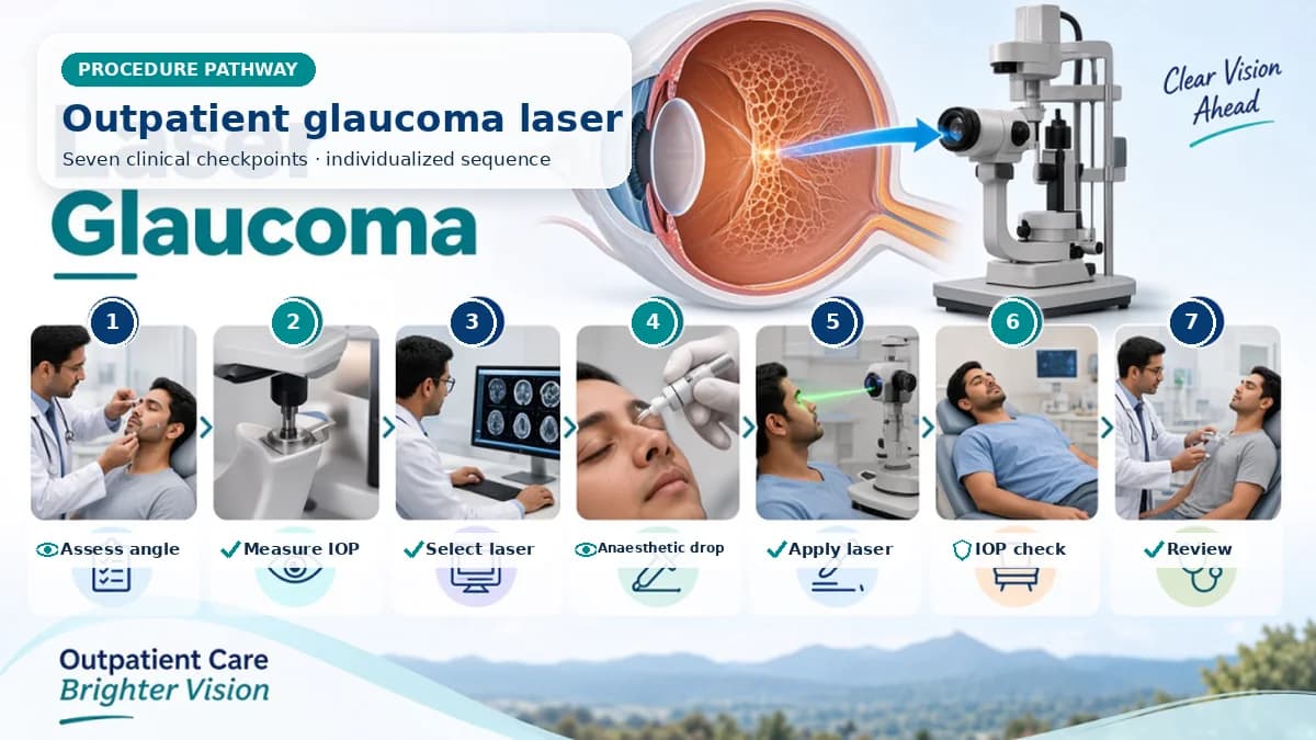 Realistic numbered Laser Glaucoma Surgery pathway showing assessment, preparation, After topical anaesthesia and lens placement when required, the ophthalmologist applies a specified laser pattern and checks pressure and inflammation afterward. and immediate clinical review