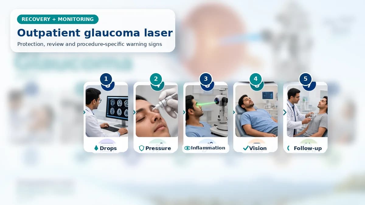 Realistic Laser Glaucoma Surgery recovery composition with patient-care scenes showing monitoring, protection, follow-up and urgent review after laser glaucoma treatment