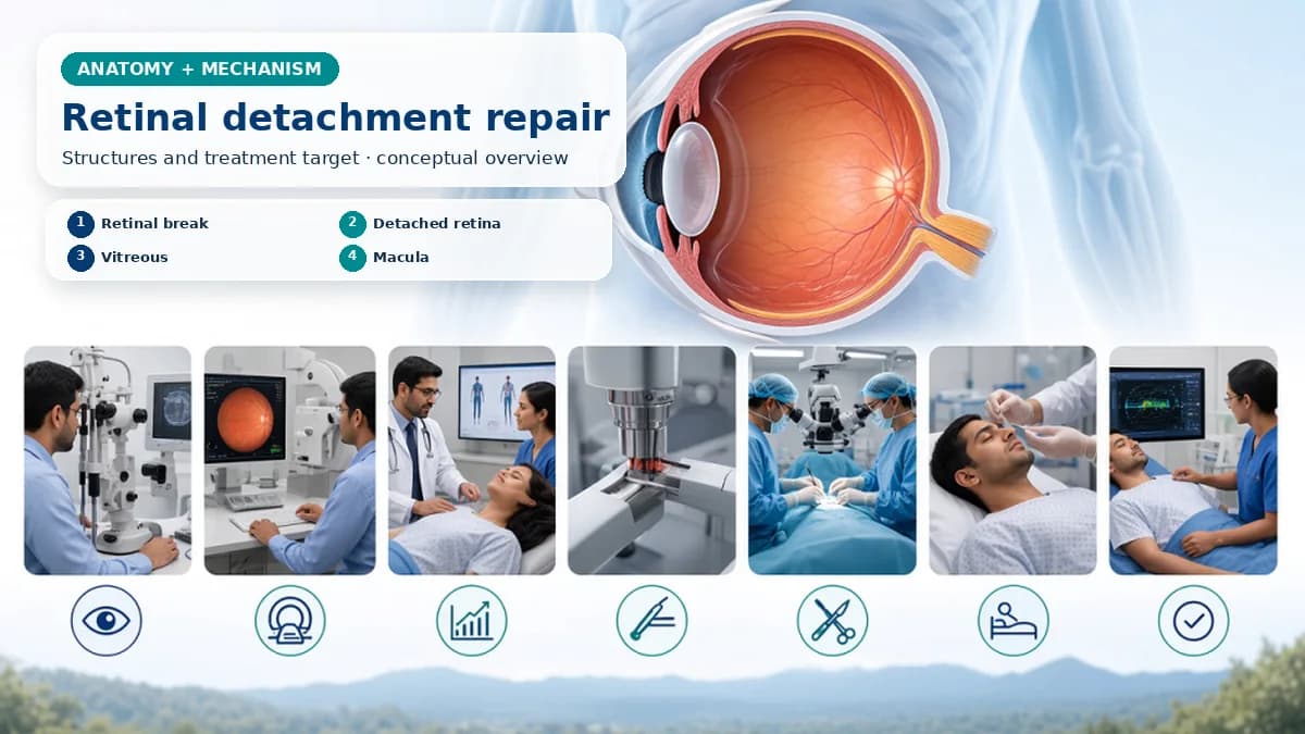 Realistic Retinal Detachment Surgery anatomy and mechanism composition showing Retinal detachment separates neurosensory retina from supporting tissue; breaks, vitreous traction, fluid extent and macular involvement guide repair. with procedure-specific clinical examination scenes