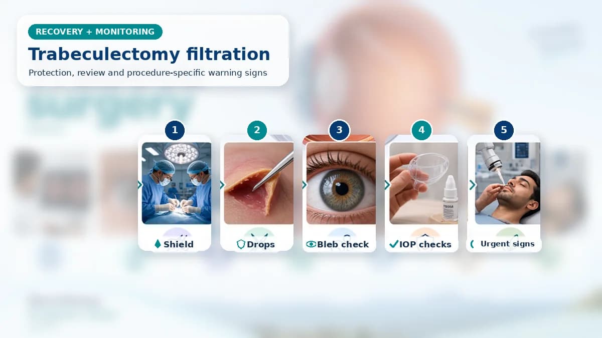 Realistic Trabeculectomy recovery composition with patient-care scenes showing monitoring, protection, follow-up and urgent review after trabeculectomy