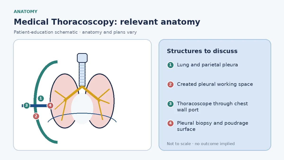 Educational pleural-space schematic showing lung, parietal pleura and diaphragm separated by a working space, with a single chest-wall port, thoracoscope, directed biopsy site and optional talc surface