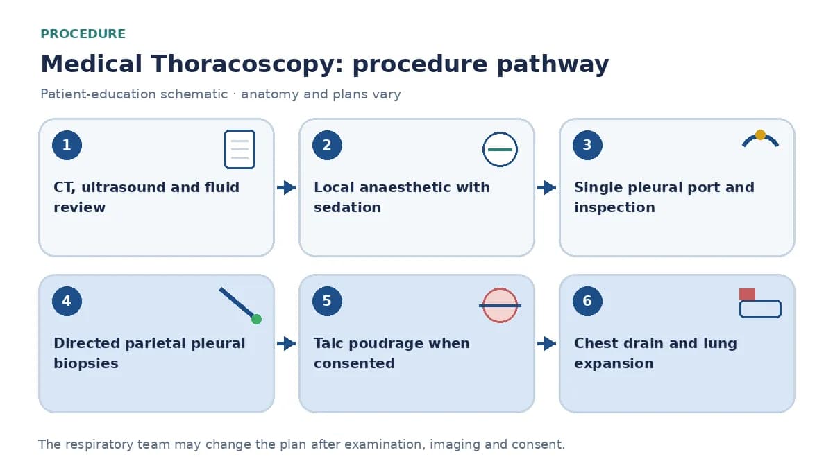 Medical-thoracoscopy pathway showing CT and ultrasound review, local anaesthetic and sedation, safe pleural entry, visual biopsies, separately consented talc poudrage and chest-drain placement