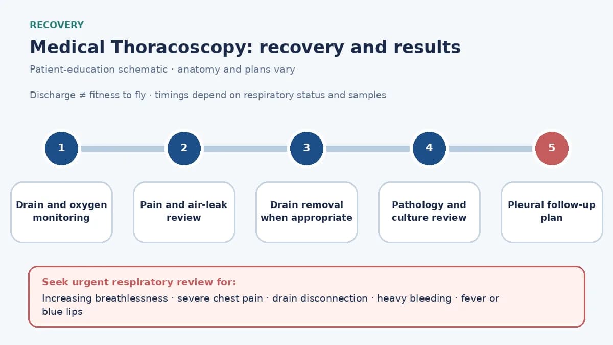 Thoracoscopy recovery timeline showing drain output and air-leak monitoring, pain and oxygen care, expansion imaging, drain removal criteria, pathology or culture review and urgent pleural warning signs