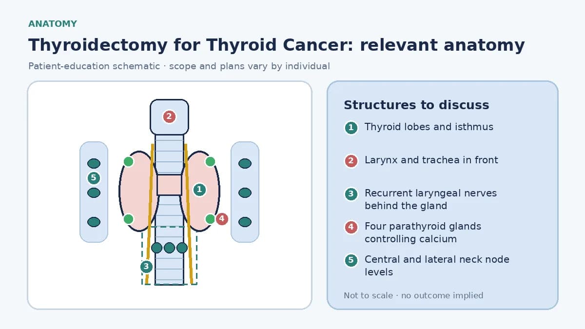 Medical illustration of thyroid anatomy for cancer surgery: the two lobes in front of the trachea, the recurrent laryngeal nerves behind the gland, the parathyroid glands, and the central and lateral neck node levels.