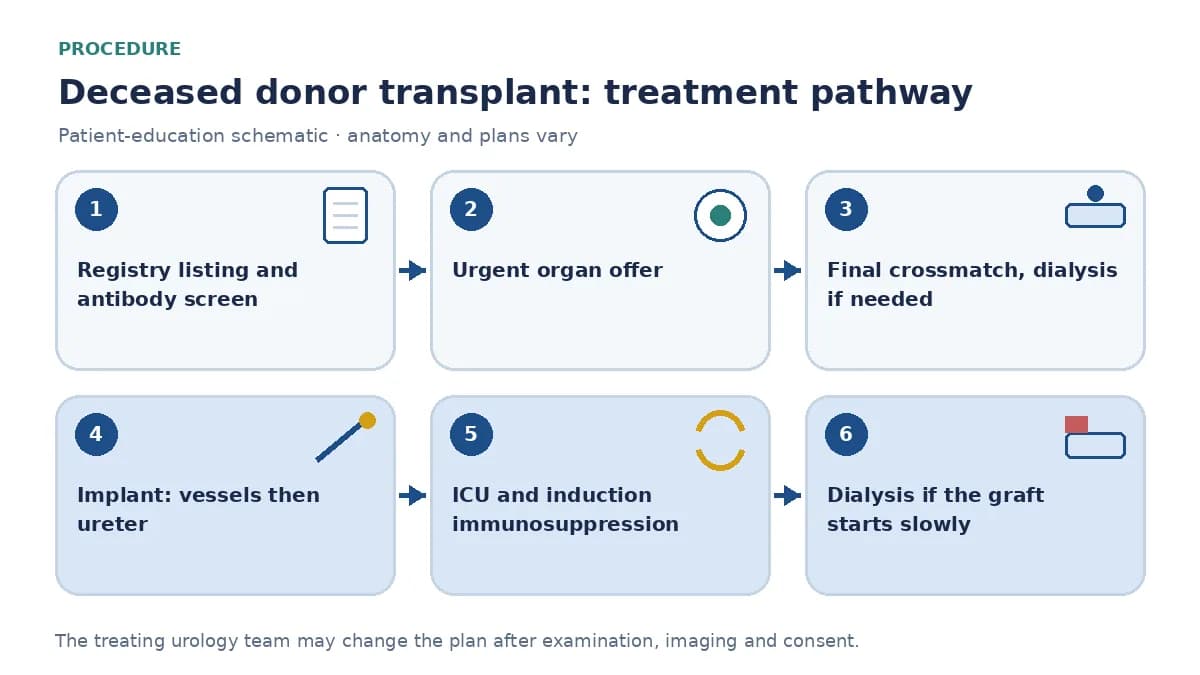 Step-by-step deceased donor transplantation pathway infographic showing registry listing and antibody screening, urgent organ offer and final crossmatch, dialysis if needed, recipient implantation and ICU monitoring with induction immunosuppression