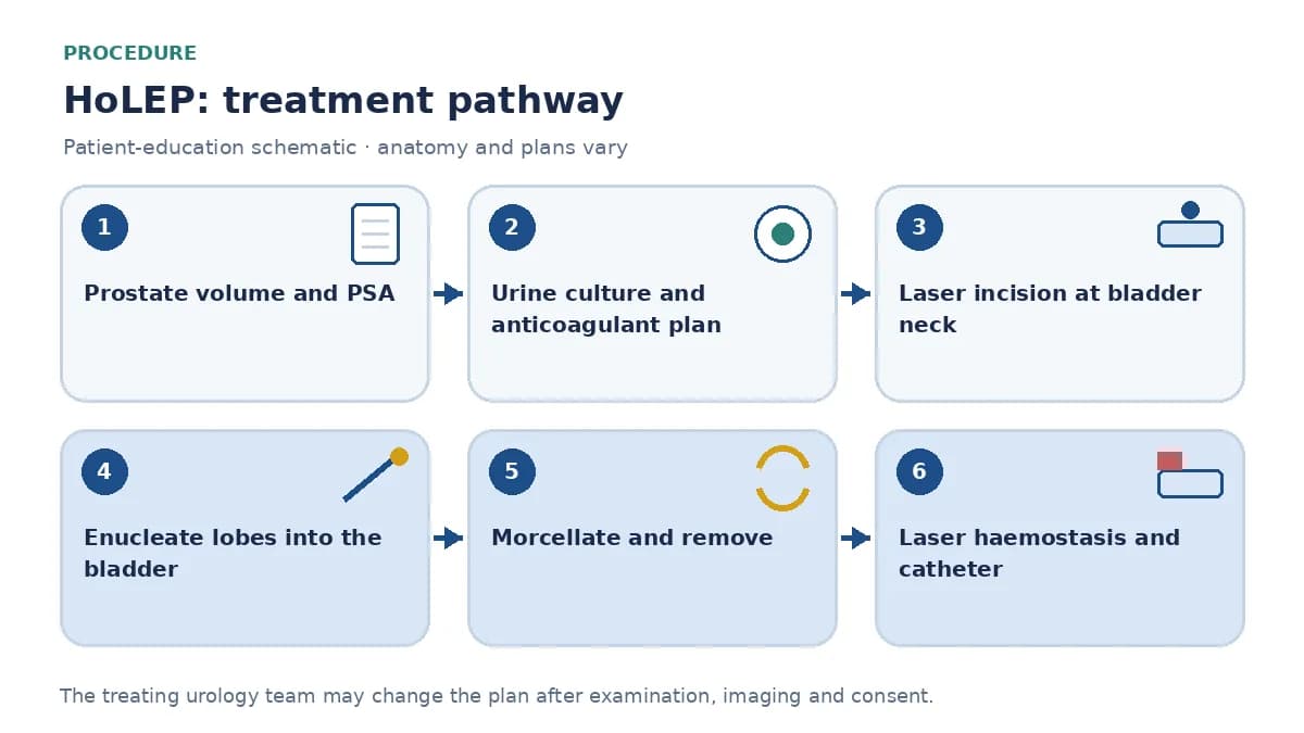 Step-by-step HoLEP pathway infographic showing prostate volume measurement, PSA and urine culture, laser enucleation of the lobes into the bladder, morcellation and removal, laser haemostasis and catheter placement