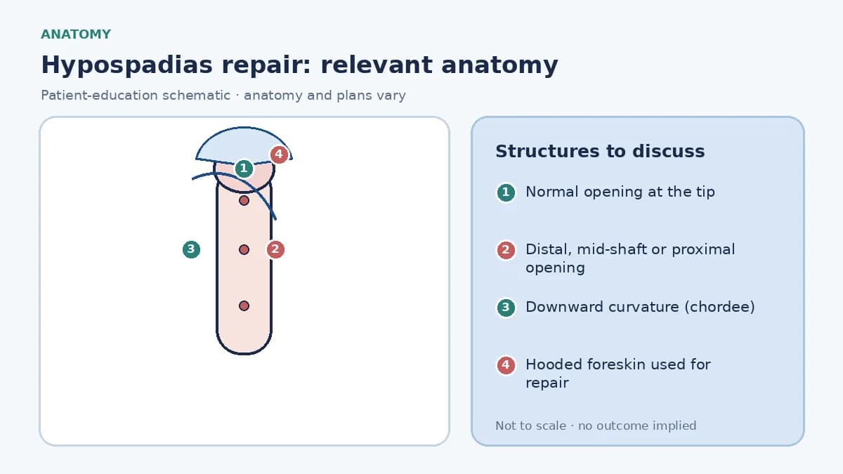 Medical infographic of hypospadias anatomy showing the normal urethral opening at the tip compared with distal, mid-shaft and proximal openings on the underside of the penis with associated curvature and hooded foreskin