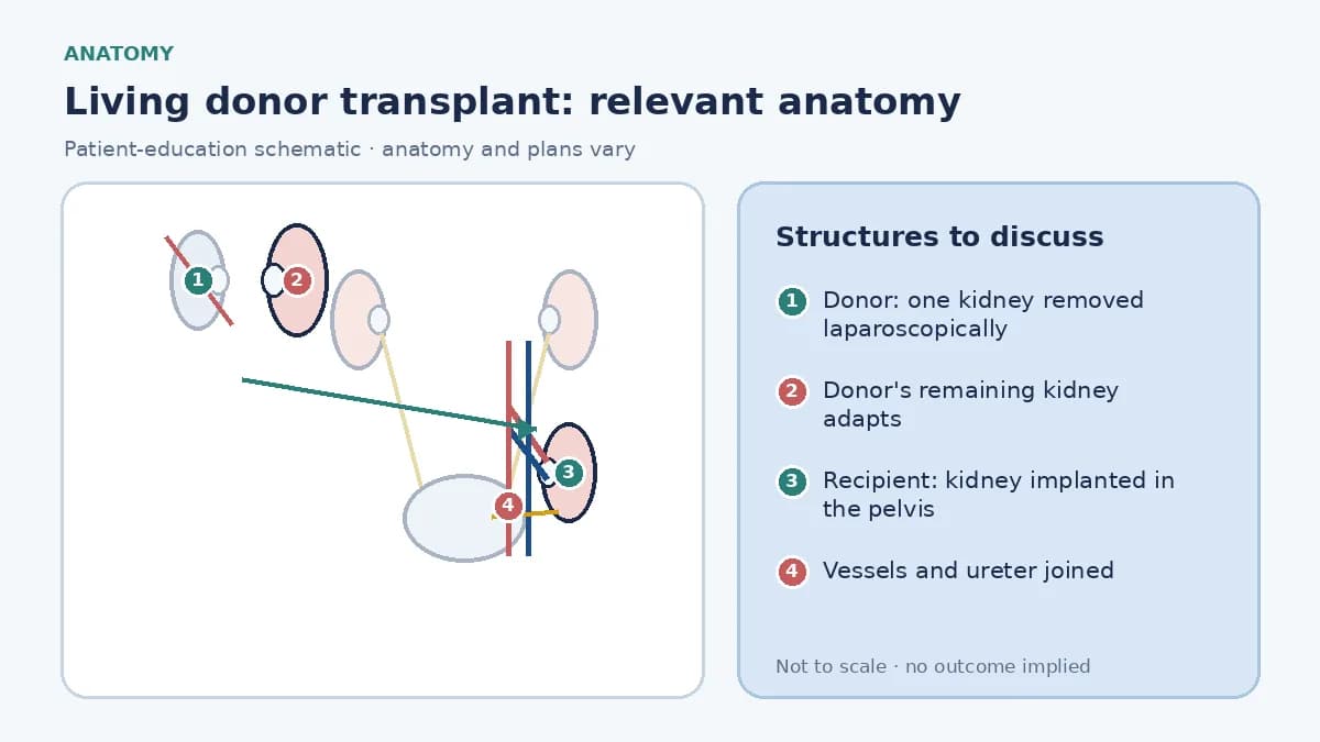 Medical infographic of living donor kidney transplantation anatomy showing a donor with one kidney removed laparoscopically and the recipient with the donated kidney implanted in the lower abdomen joined to the iliac vessels and bladder