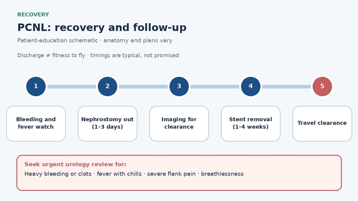 PCNL recovery pathway infographic showing nephrostomy-tube removal, bleeding and fever monitoring, imaging to confirm stone clearance, stent-removal plan and travel clearance